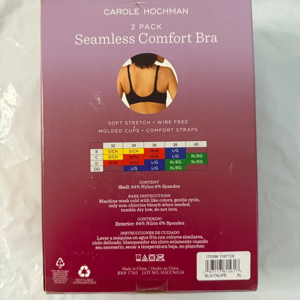 Carole Hochman 2-Pack Seamless Comfort Bra Black Taupe Wire Free XL 1187728